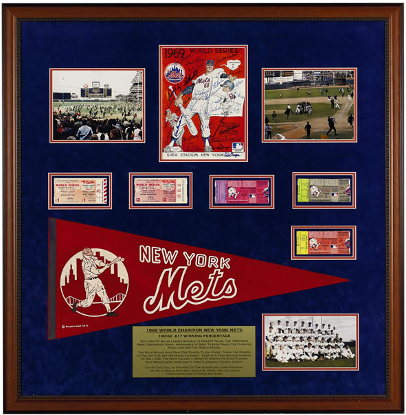 This amazing sports display celebrates the MIRACLE METS of 1969 and their World Series victory. The New York Mets rose from the depths of mediocrity to the top of the baseball world in their eight year of existence-in fact the 1969 team recorded the Mets first winning record. This conversation piece contains a Mets team signed original 1969 world series program(29 signatures), ticket stubs from all five world series games, vintage felt pennant and photographs. This display measures 39 x 40 inches